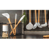 Conjunto Jogo de Talheres Silicone Bambu Colher Espátula Pegador Escumadeira Pincel